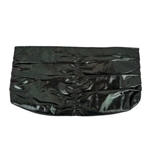 Amici Metallic Shiny Black Silver Shiny Metallic Pleated Ruched Zip Top Clutch